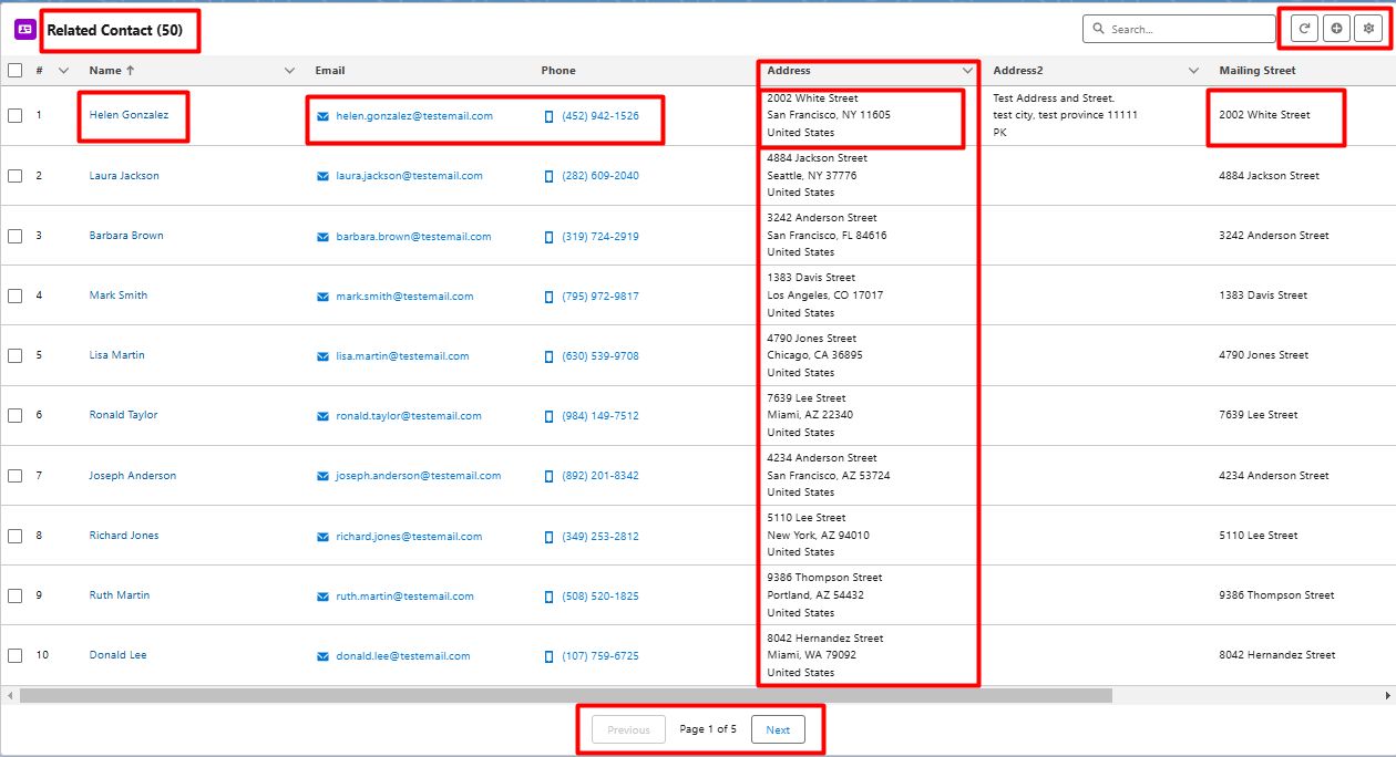 The Advanced Related List showing searchable contacts with custom columns