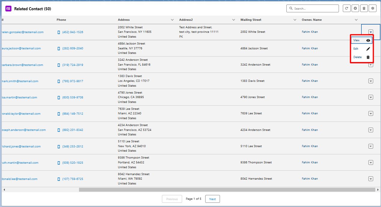 Row-level View, Edit, and Delete actions in the Advanced Related List