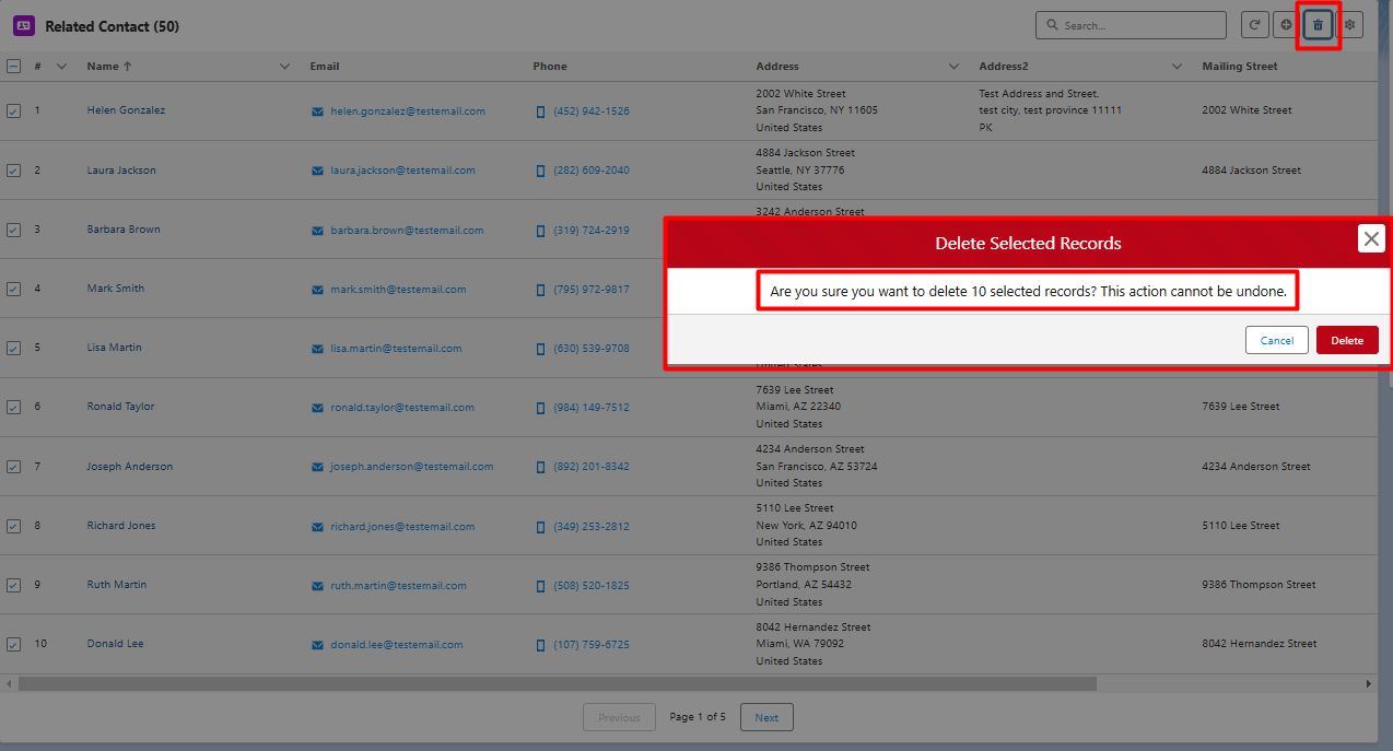 Bulk delete confirmation for selected records in the Advanced Related List