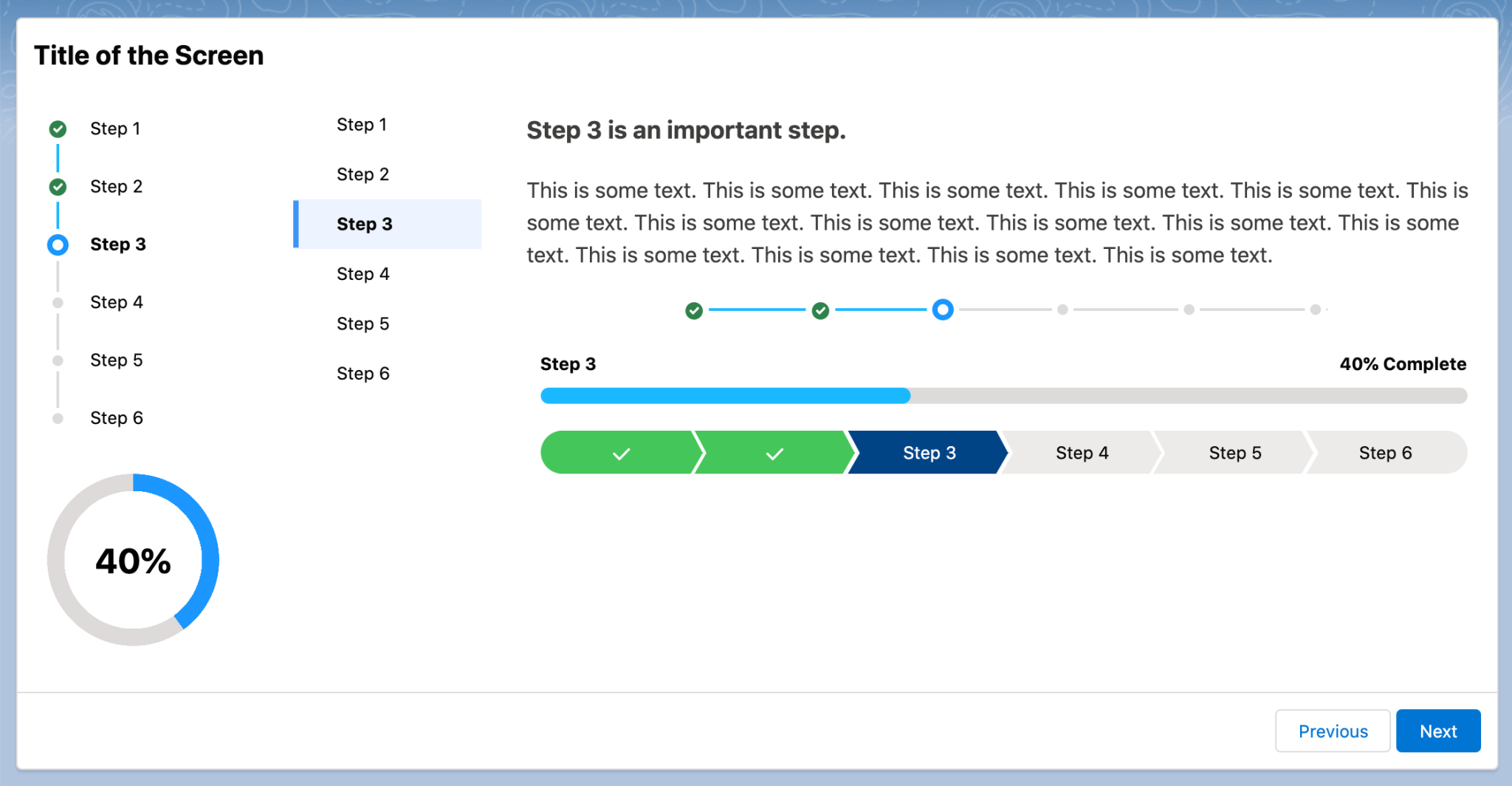 All 6 of the progress indicator types on this example screen