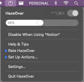 The HazeOver menu bar dropdown with its dimming slider