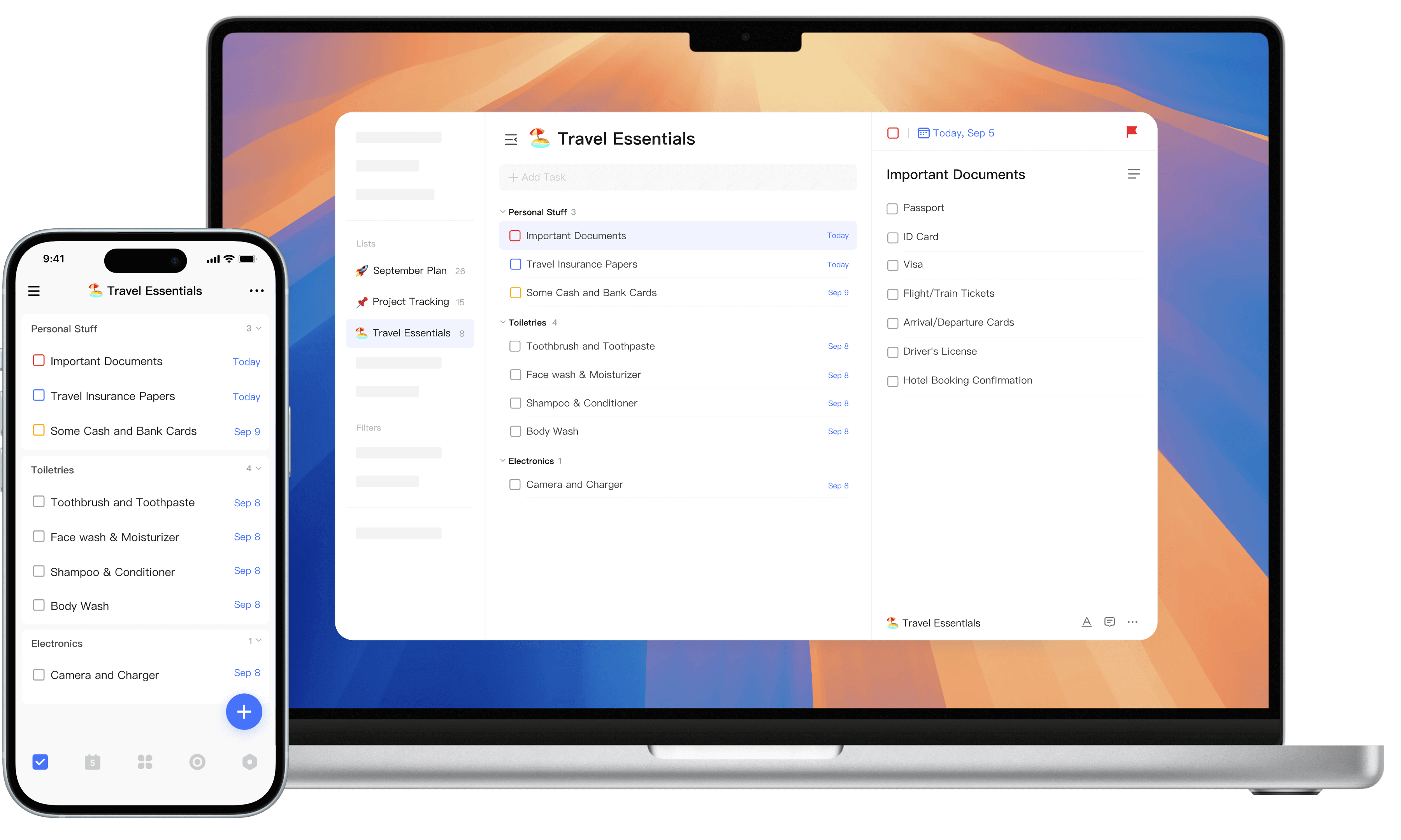 TickTick task lists shown on desktop and mobile